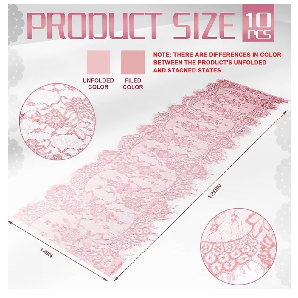 Elegant Pink Lace Table Runner - Set of 10 Valentine’s Day Part, Baby Shower